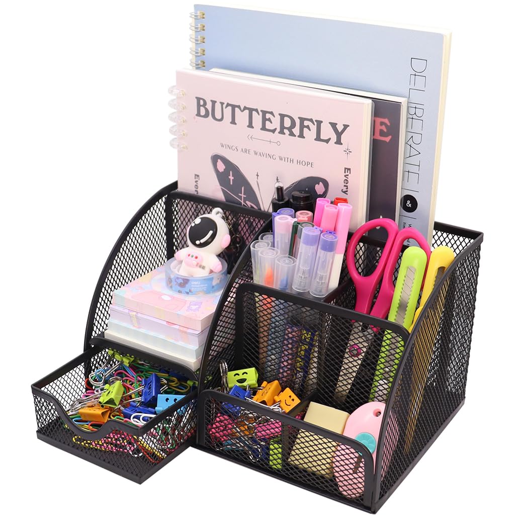 ZIBUYU Desk Organizer, Pencil Holder for Desk, Mesh Office Desk Accessories with 6 Compartments and 1 Drawer Stationery Holder School ZIBUYU Desk Organizer, Pencil Holder for Desk, Mesh Office Desk Accessories with 6 Compartments and 1 Drawer Stationery Holder School